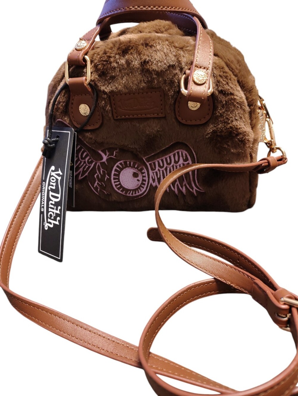 Von Dutch Brown Faux Fur Mini Crossbody with Pink Embroidery, NWT